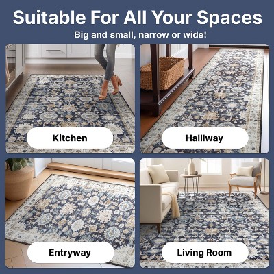 Navy Blue and Black Washable Synthetic Area Rug with Non-Slip Backing