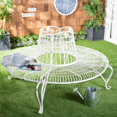 Antique White Wrought Iron Outdoor Tree Bench