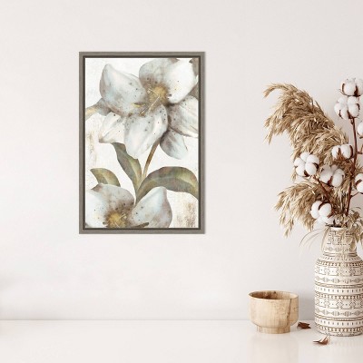 White Lilies Floral Canvas Print with Gray Frame