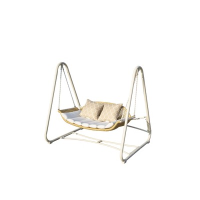 DOMETOUR 2-Seat Outdoor Rattan Porch Swing Chair with Cushions & Pillow, Hanging Hammock for Patio, Backyard, Garden