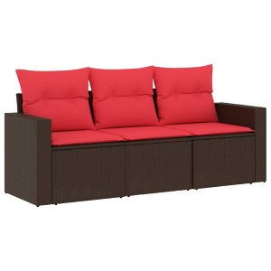 vidaXL 3 Piece Patio Sofa Set with Cushions Brown Poly Rattan - 1 of 4