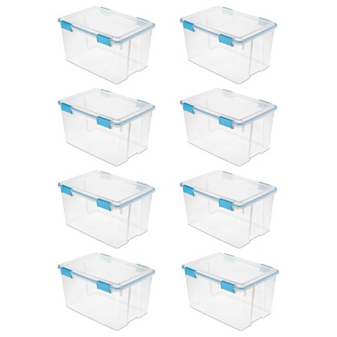 Sterilite 80 Qt Gasket Box, Stackable Storage Bin with Latching Lid and  Tight Seal Plastic Container to Organize Basement, Clear Base and Lid,  12-Pack