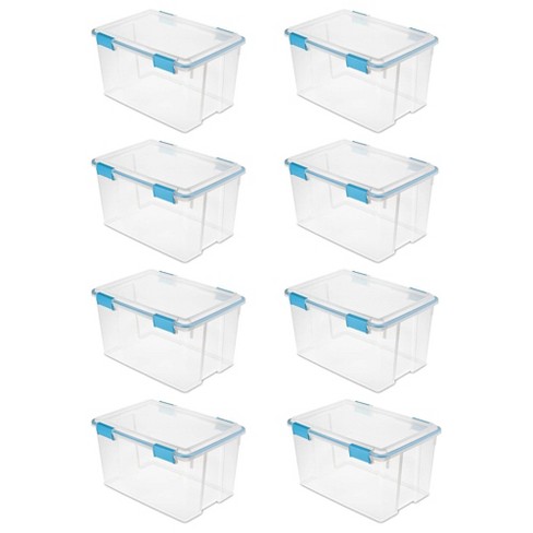 Sterilite 54 Qt Gasket Box, Stackable Storage Bin with Latching Lid and  Tight Seal, Plastic Container to Organize Basement, Clear Base and Lid,  8-Pack