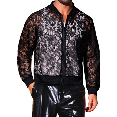 Мужские куртки INSPIRE CHIC Men's Hollow Floral Lace See Through Lightweight Long Sleeve Zip Up Jackets X-Large White