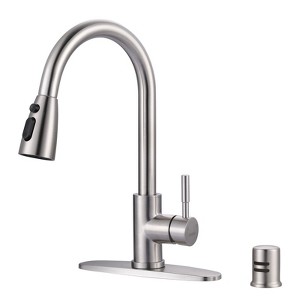 WOWOW Single Handle Pull Down Sprayer Kitchen Faucet with Dishwasher Air Gap 2 or 4 Hole in Brushed Nickel - 1 of 4