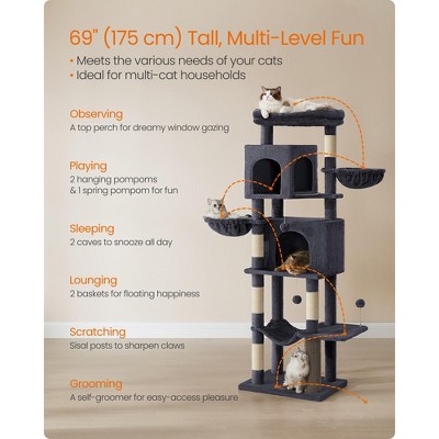 Feandrea 69-Inch Dark Gray Multi-Level Cat Tree Tower with Caves and Baskets