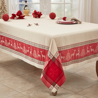 Red and Beige Jacquard Christmas Tablecloth with Reindeer Design