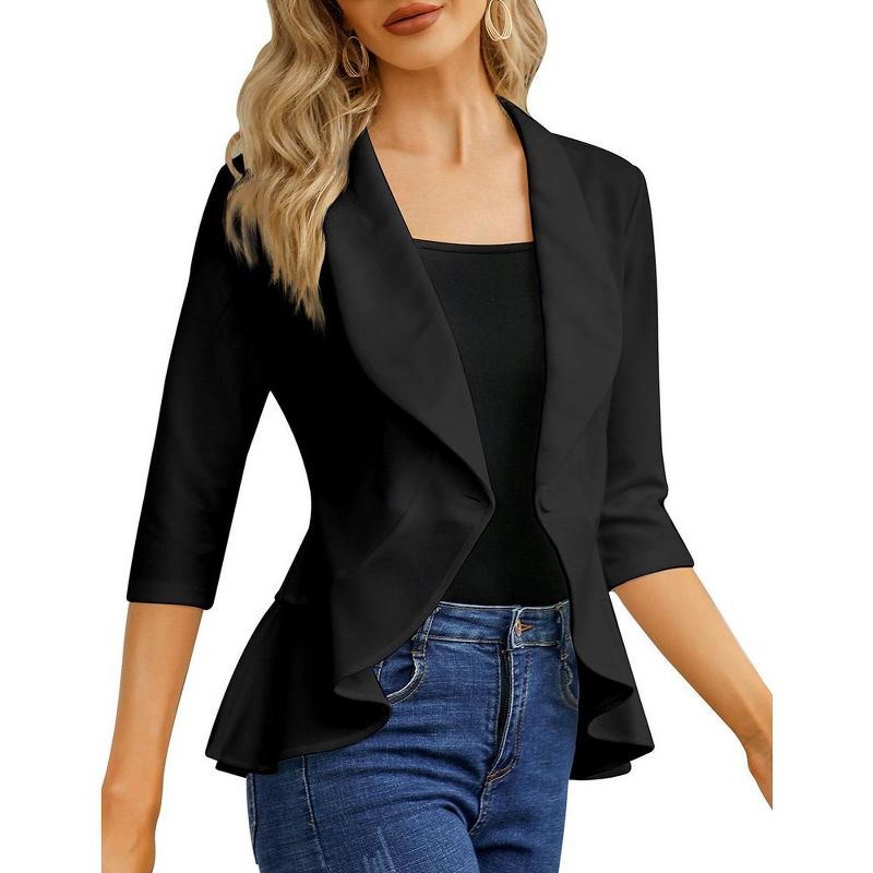 Womens Casual Blazer 3/4 Sleeve Open Front Ruffle Work Office Cardigan Suit Jacket, 1 of 7