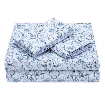 Blue and White Queen Microfiber Printed Sheet Set