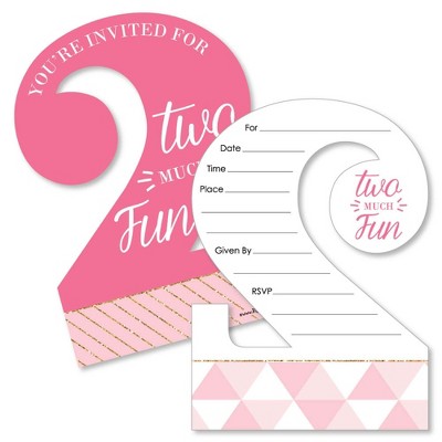 Big Dot of Happiness 2nd Birthday Girl - Too Much Fun - Shaped Fill-in Invitations - Second Birthday Party Invitation Cards with Envelopes - Set of 12