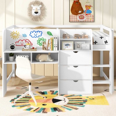 Loft bed with graffiti-friendly panels and built-in desk