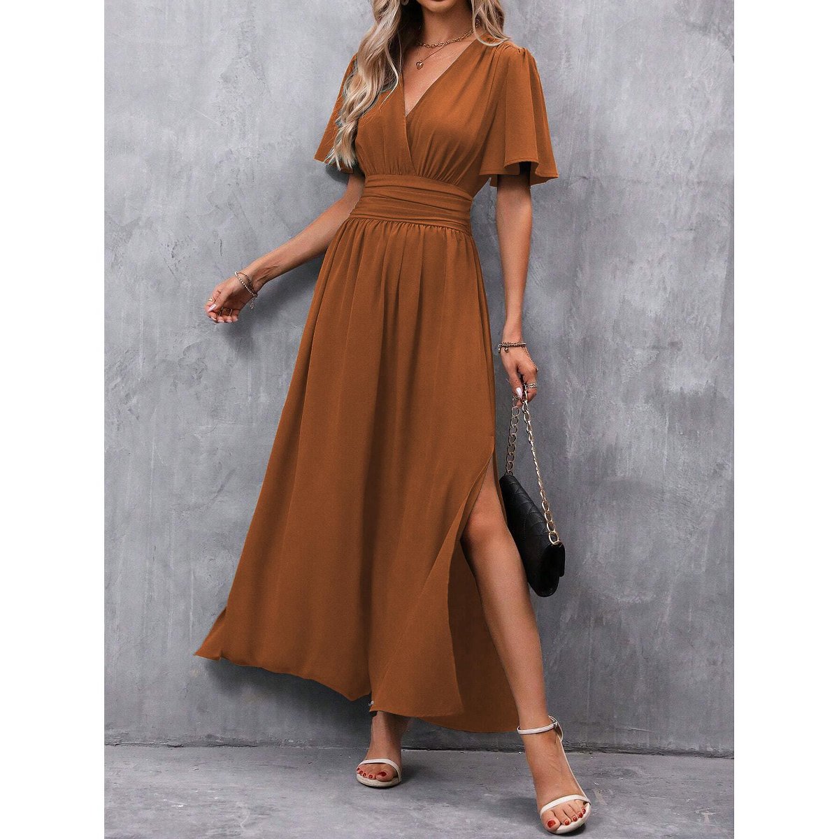 Женские платья Garvee Women's Summer Dress Elegant Side-Slit Evening Dress Classy V-Neck Short Sleeve Cocktail Midi Dress Camel L — фото 5