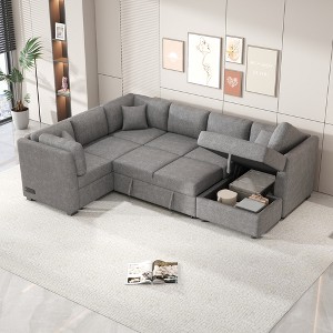 108.6" U-Shaped Convertible Sectional Sofa with Pull-Out Bed, Storage Chaise, USB Ports & Power Sockets - 1 of 4