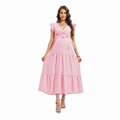 Women Summer Bohemian Floral Casual Wrap Midi Sun Dress