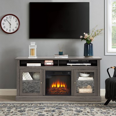 TV Stand For TV Up To 65", 60" Media Entertainment Center W/18" Electric Fireplace Heater, Console Table With Open Storage Shelves And Cabinets, Gray