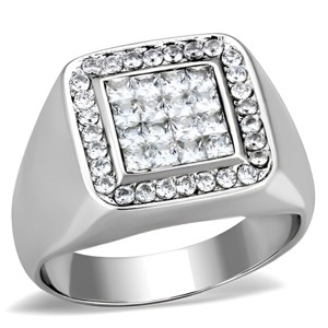 Slickblue Men’s Pave Accents, Square Design, Clear CZ Center, Polished Silver Tone, Stainless Steel Ring, size 8-13 - 1 of 4