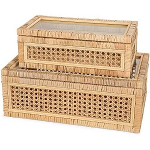 Aoibox Handwoven Boho Rattan Display Boxes with Glass Lids Set of 2 Rectangular Storage Bins for Home Decor - 1 of 4