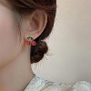 Cherry Fruit Crystal Small Earrings Gold Plated Handmade Charm Sweet 3D Red Fruits Green Leaf Glitter Rhinestone Cubia Zirconia Stud Earrings - 2 of 4