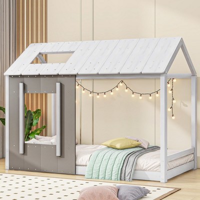 Twin Size Platform Bed With Roof And Window House Bed Frame, No Box Spring Required Twin Size Bedframe For Bedroom, White+Antique Grey