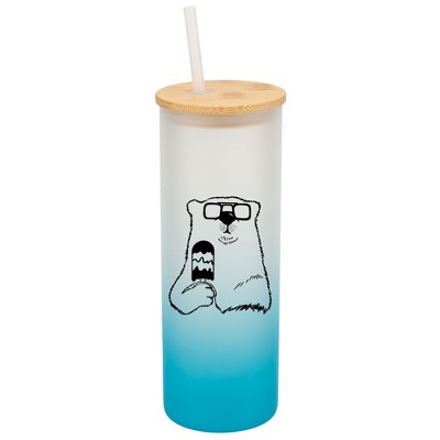 Elanze Designs Ice Cream Polar Bear With Sunglasses Sky Blue Frosted Gradient Glass Tumbler with Bamboo Lid & Straw 25 ounce Reusable Iced Coffee or