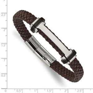 Chisel Stainless Steel Polished Braided Brown Leather 8" Plus a .5" Extension Bracelet - 1 of 4