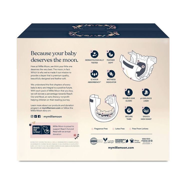 Box of Millie Moon diapers featuring illustrations and text highlighting features like dermatologically tested, feather soft, 12-hour absorbency, wetness indicator, double leak guard, pH balance liner, secure tabs, and snug high waist.