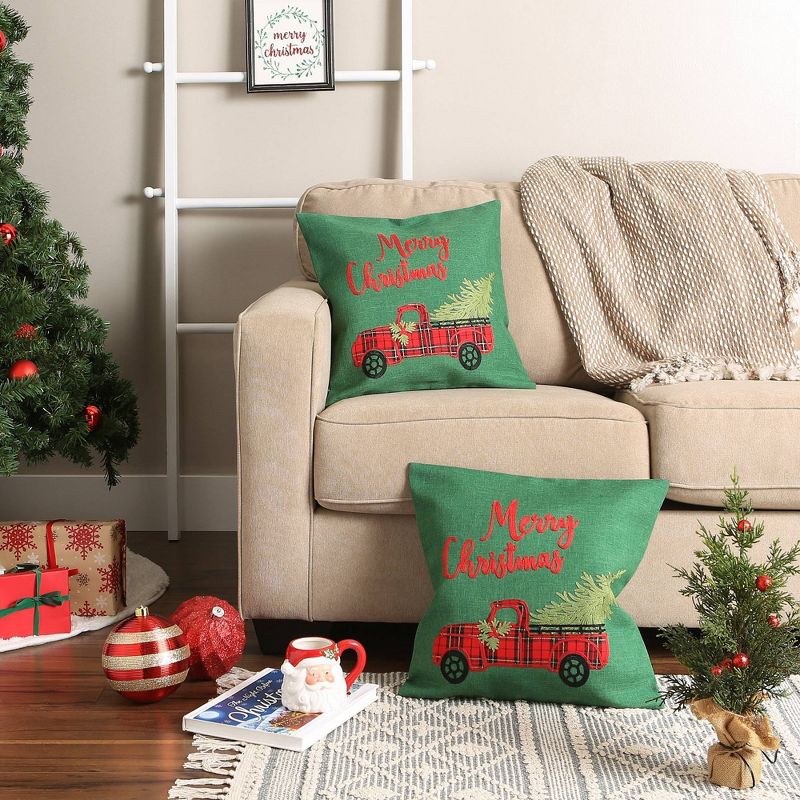 2pk 18&#34;x18&#34; Christmas Truck Embroidered Square Throw Pillow Covers - Design Imports, 5 of 7