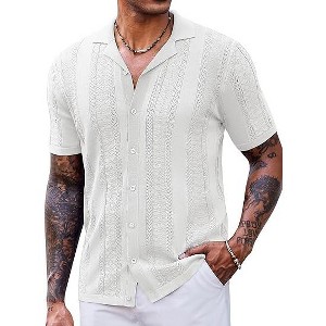 COOFANDY Men's Knit Shirts Vintage Short Sleeve Button Down Shirt Casual Summer Beach Shirt - 1 of 4