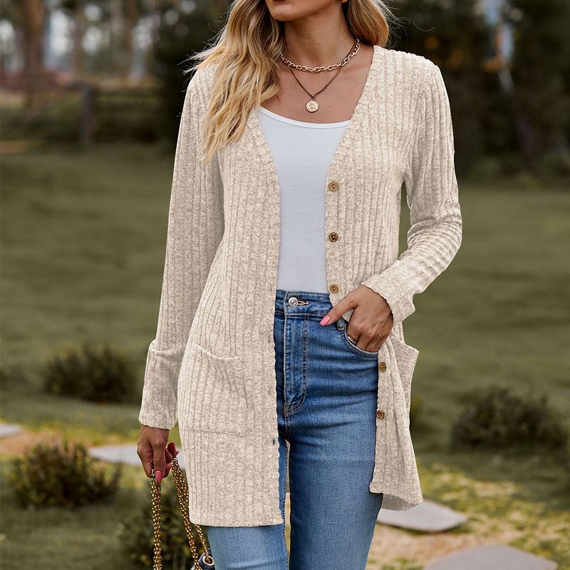 Women's Ribbed Knit Long Sleeve Cardigan Mid-Length Cardigan Open Front Sweater Coat Apricot L