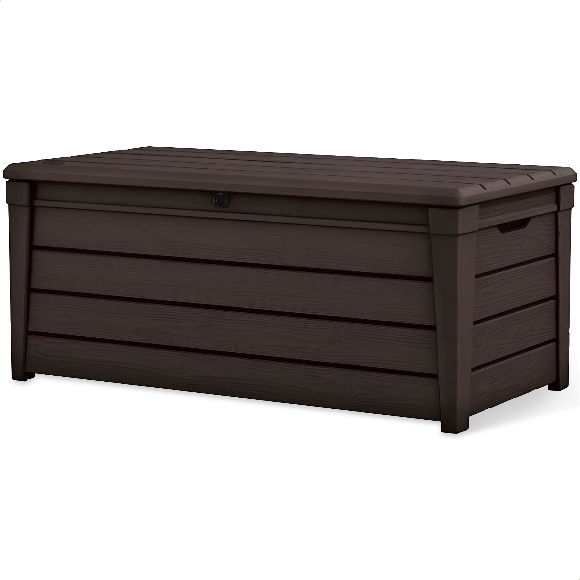 Keter Large 120 Gallon Waterproof All-Weather Resistant Wood Panel Outdoor Deck Garden Storage Box Bench - Brown