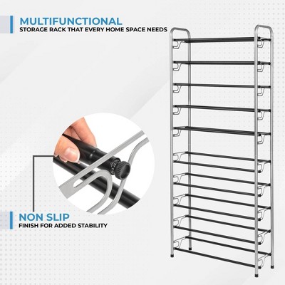 Tall Silver and Black Metal 10-Tier Shoe Rack