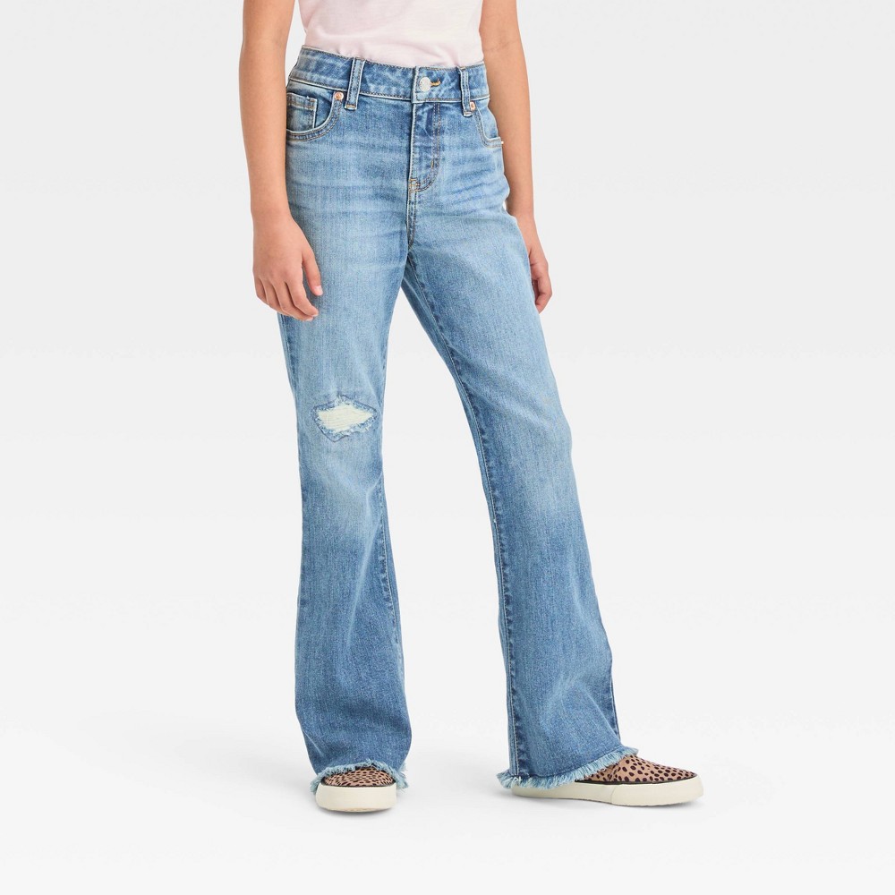Girls' Mid-Rise Flare Jeans - Cat & Jack™ Medium Wash 7: Adjustable Waistband, Denim Stretch, Below Knee