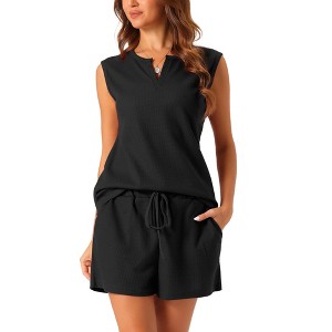 cheibear Women's Waffle Knit Sleeveless Tank Top and Shorts Pajama Sets - 1 of 4