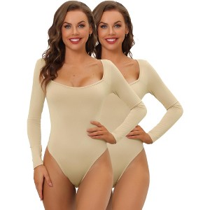 Allegra K Women's Long Sleeve Slim Fit Stretchy 2 Packs Square Neck Adult Bodysuits - 1 of 4