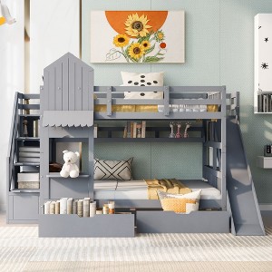 NicBex Full Size Bunk Bed Castle Shape Loft Bed with 2 Drawers, 3 Shelves, Storage Stairs, Slide and Guardrail, No Box Spring Required - 1 of 4