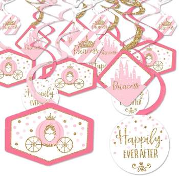 Big Dot of Happiness Little Princess Crown - Pink and Gold Princess Baby Shower or Birthday Party Hanging Decor - Party Decoration Swirls - Set of 40