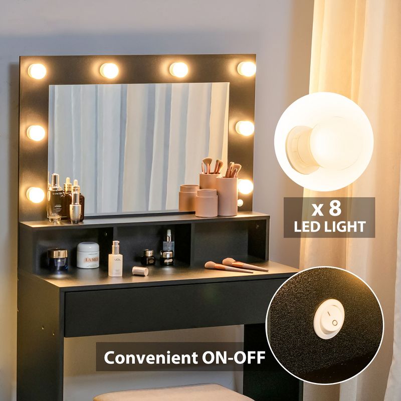 Costway Vanity Table Set with Lighted Mirror 8 LED Bulbs Large Drawer Cushion Stool, 5 of 11