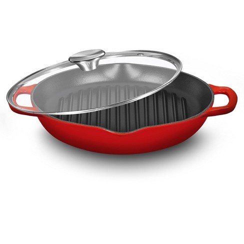 Bruntmor Red Enameled Deep Round Grill Cast Iron Griddle Pan With