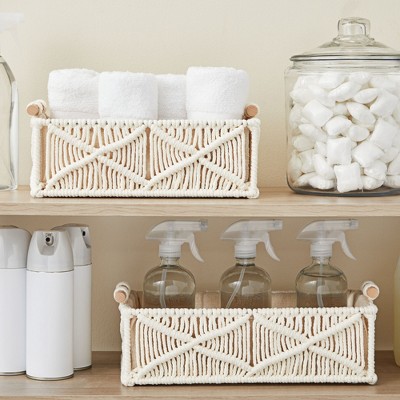 Ivory Macrame Rectangular Storage Baskets with Wood Handles, Set of 2