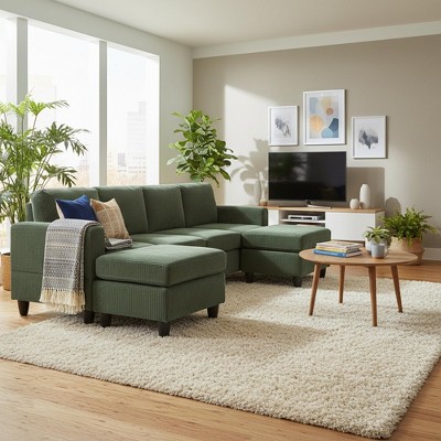 Homy Casa Modular Corduroy Sectional Sofa with Ottoman, Soft Upholstered 4-Seat Living Room Couch, Reconfigurable Design, Green