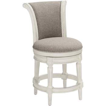 55 Downing Street Oliver Wood Swivel Bar Stool White 24 1/2" High Traditional Scroll Pewter Round Cushion with Backrest Footrest for Kitchen Counter