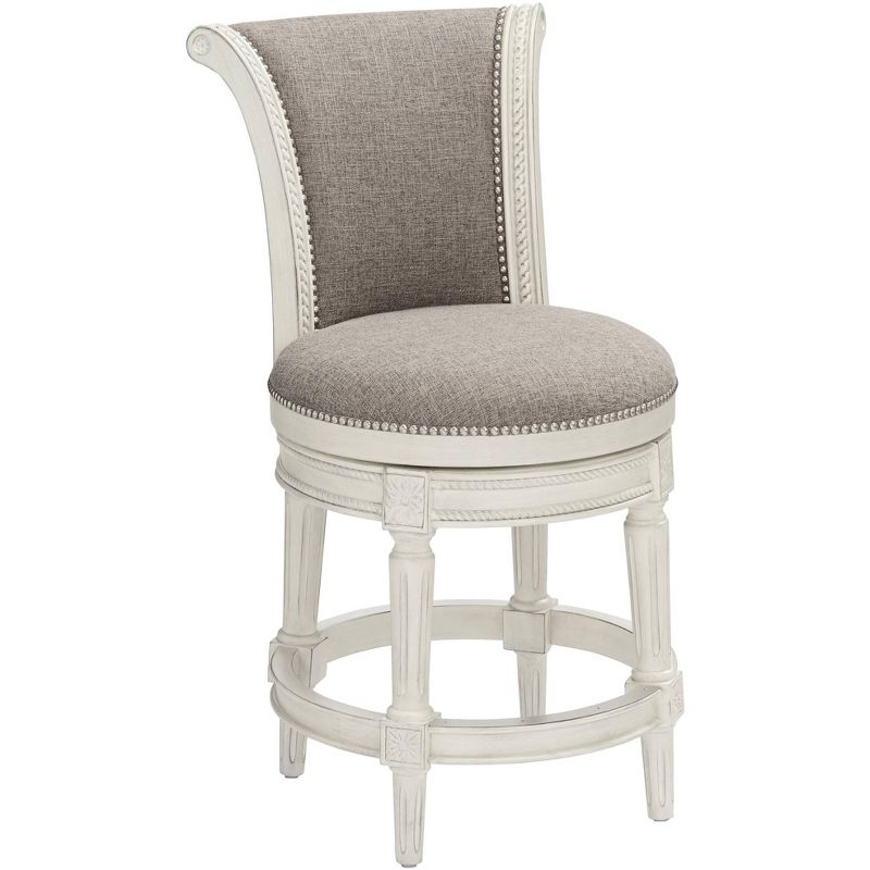 55 Downing Street Oliver Wood Swivel Bar Stool White 24 1/2" High Traditional Scroll Pewter Round Cushion with Backrest Footrest for Kitchen Counter, 1 of 10
