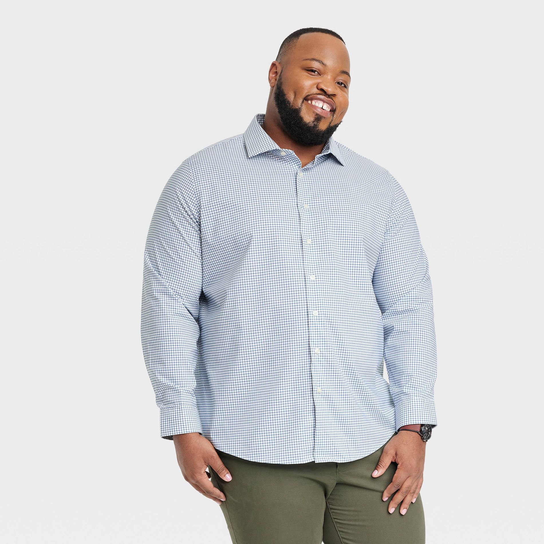 Men's Big & Tall Performance Long Sleeve Button-Down Dress Shirt - Goodfellow & Co™ Navy Blue 4XLT: Cotton Blend, Recycled Polyester