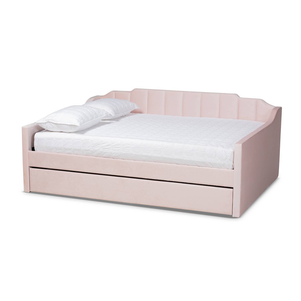 Photos - Bed Queen Lennon Velvet Fabric Upholstered Daybed with Trundle Pink - Baxton S