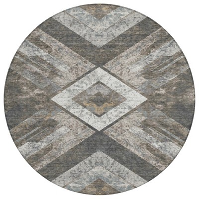 HomeRoots 8' Brown And Gray Round Geometric Washable Indoor Outdoor Area Rug