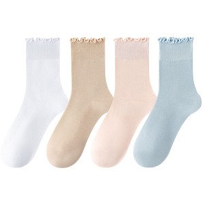 Anna-Kaci 4 Pairs Women's Ruffle Edge Crew Socks Soft Stretch Cotton Blend with High Elastic Cuffs in Assorted Solid Colors - 1 of 4