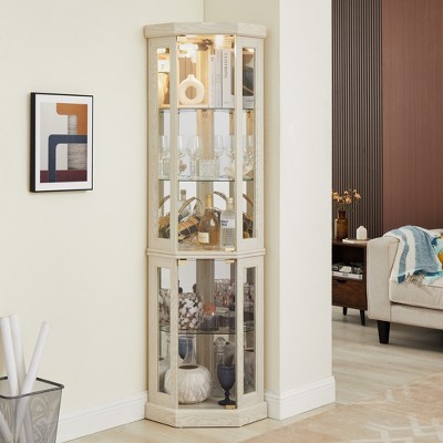 Cabinet with Lighted, Display Cabinet with Glass Doors, Corner China Cabinet with Tempered Adjustable Glass Shelves