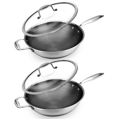 NutriChef 12 Inch Stainless Steel Nonstick Cooking Wok Kitchen Stir Fry Pan with Glass Lid for Gas, Electric, and Induction Counter Cooktops (2 Pack)