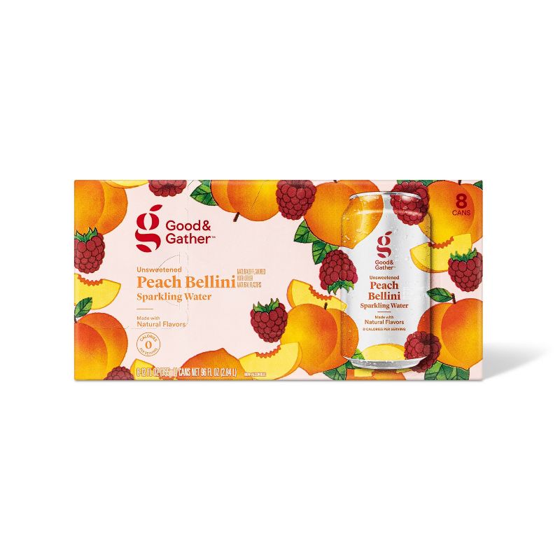 Peach Bellini Unsweetened Sparkling Water - 8pk/12 fl oz Cans - Good &#38; Gather&#8482;, 1 of 5