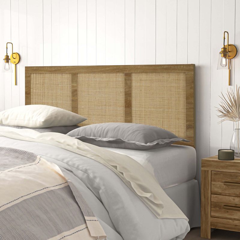 LuxenHome Oak Finish Wood with Natural Rattan Panels Headboard, Queen Brown, 3 of 6